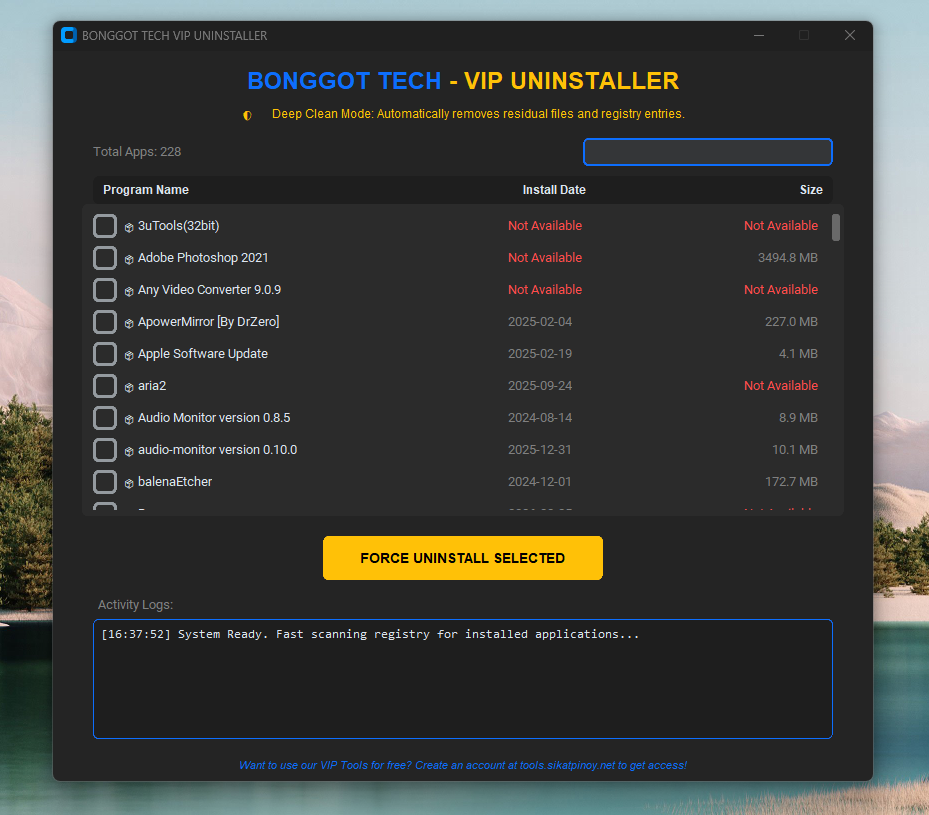 Bonggot Tech VIP Uninstaller GUI